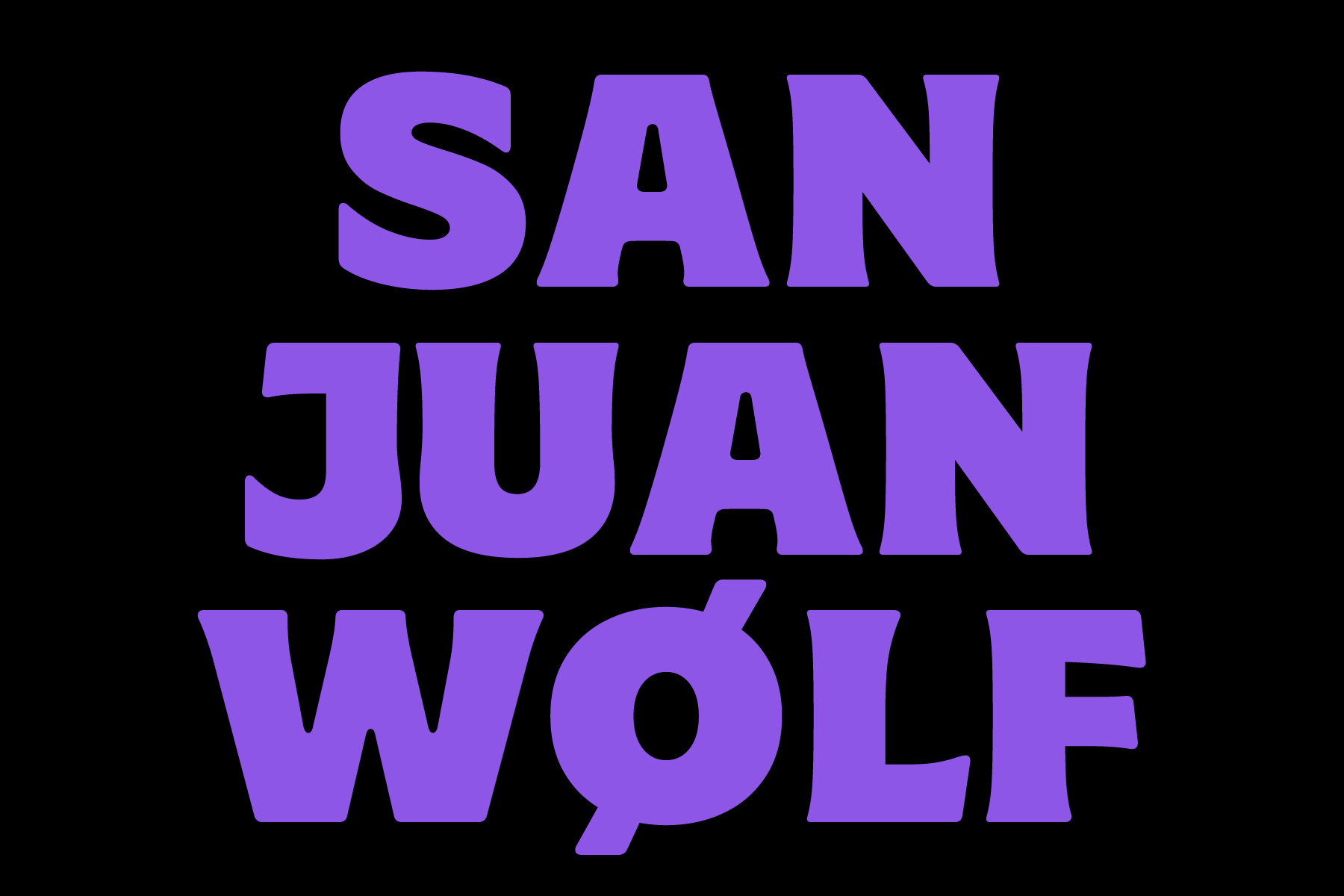 San Juan Wolf in bright purple 3D block letters on black background