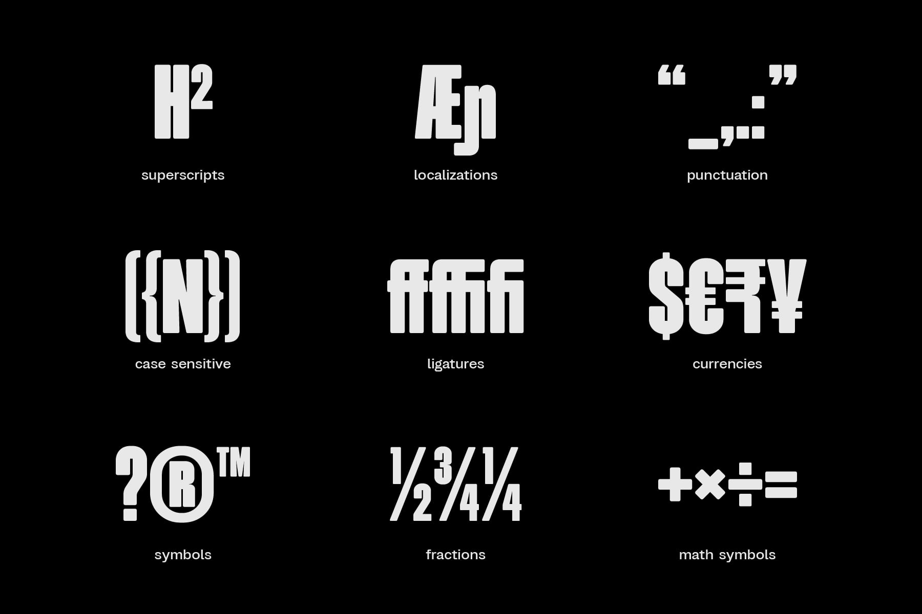 Font features grid showing superscripts, localizations, punctuation, case sensitivity