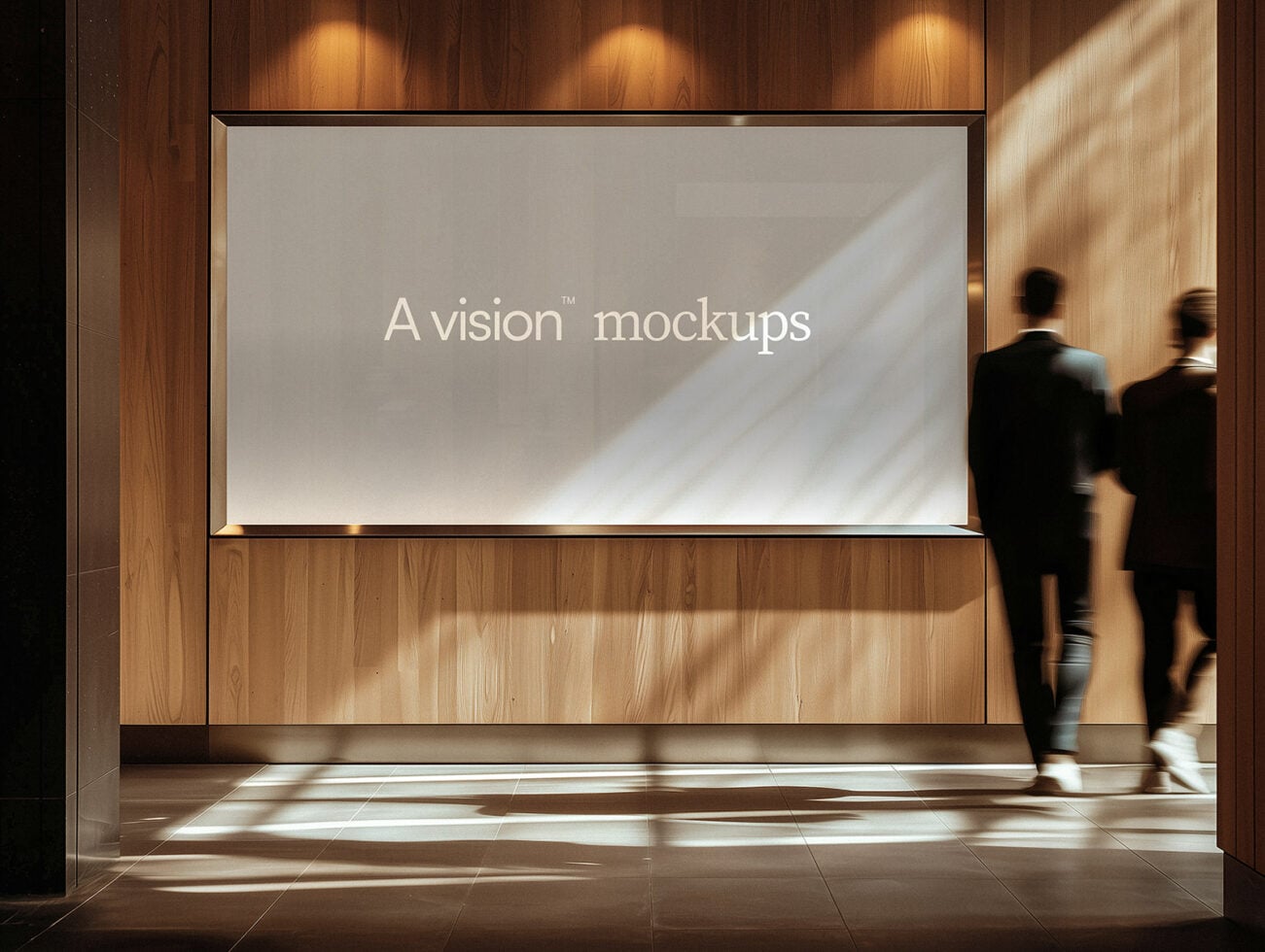 Bright lobby screen with clean white display, sunlit wood walls, blurred figures
