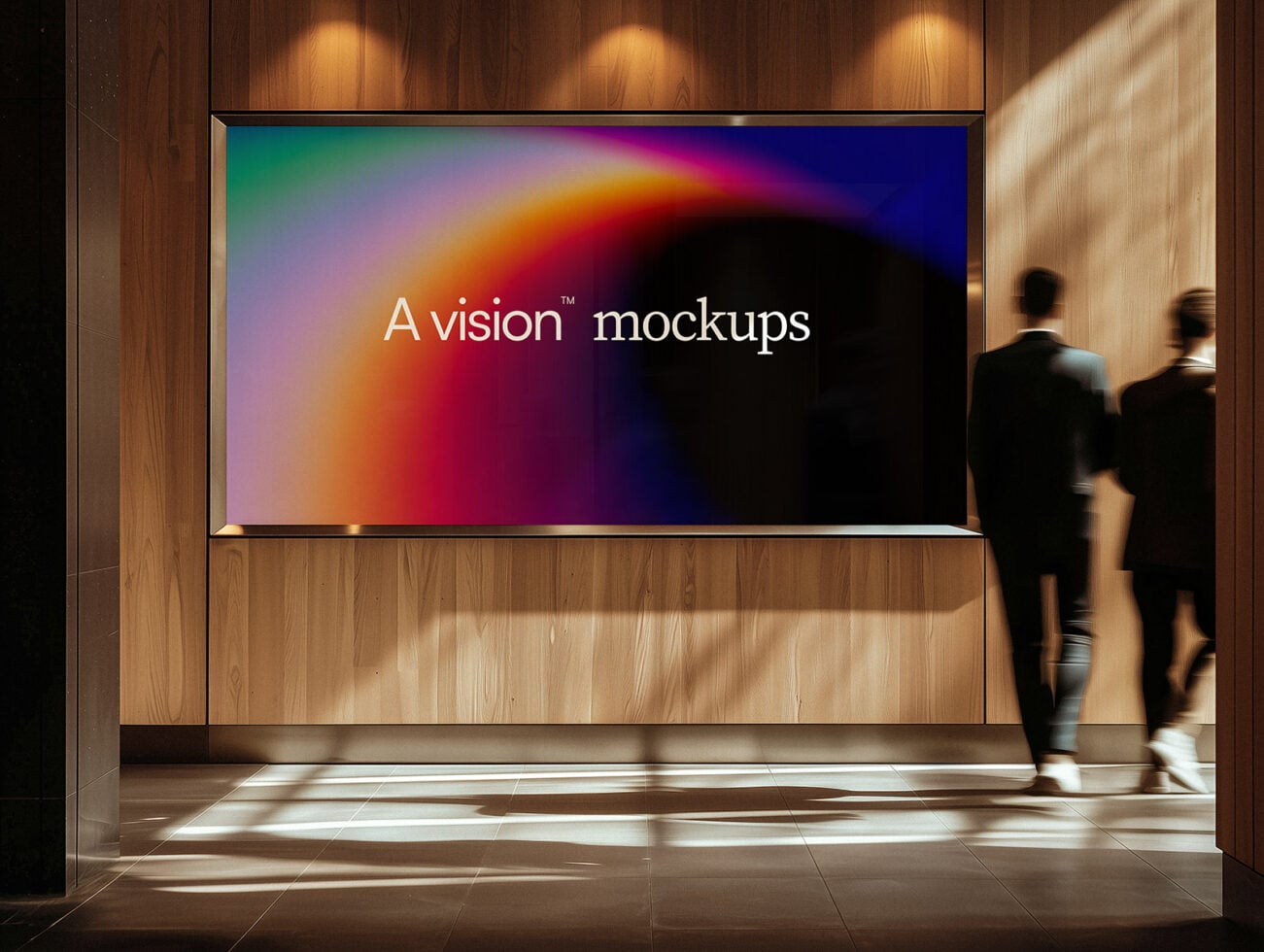 Modern lobby display screen showing vibrant gradient with two people walking