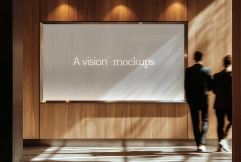 Minimalist lobby screen with bright display, natural sunlight, blurred passersby