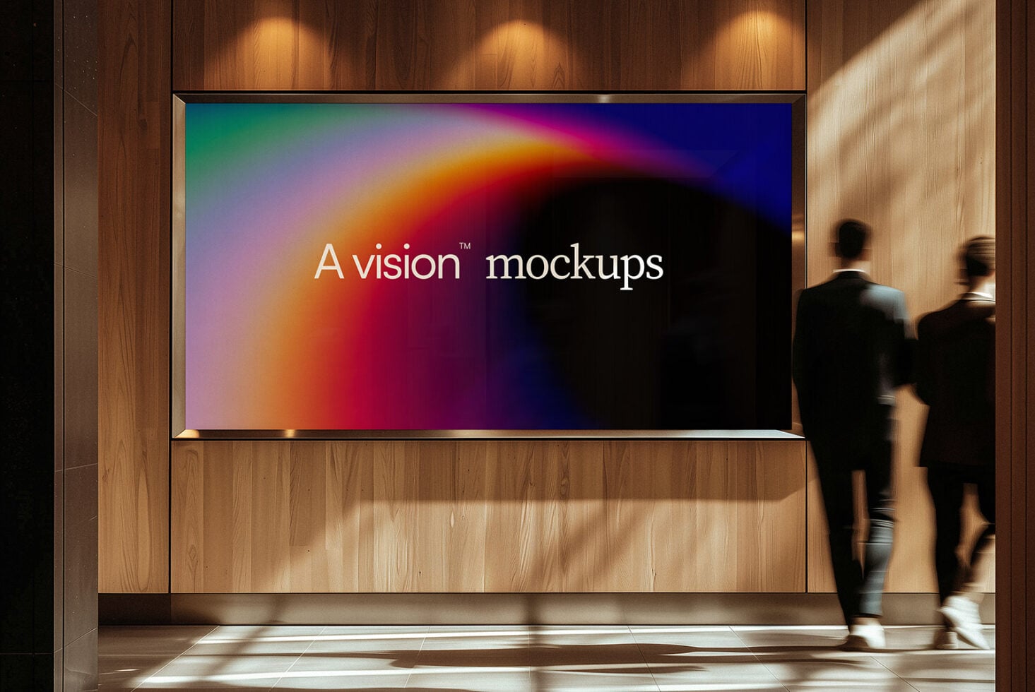 Large lobby screen featuring colorful gradient, warm wooden interior, walking people