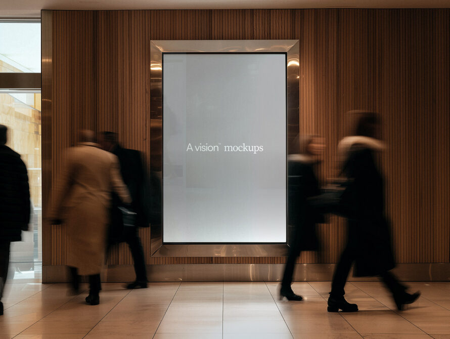 Large framed display in hallway with white background, people walking by