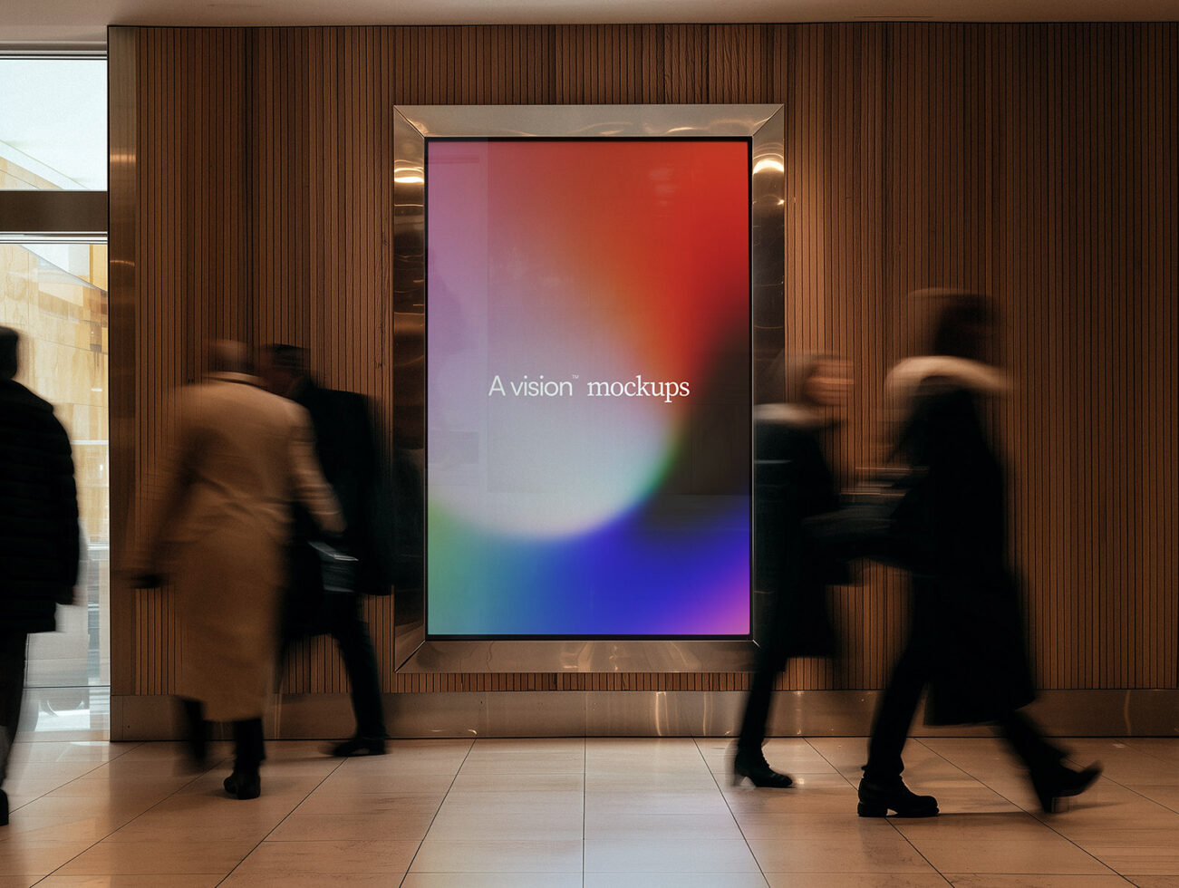 Large framed display in hallway with gradient background, people walking by