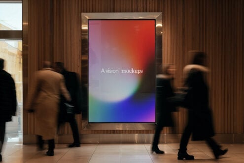 Large framed display in hallway with gradient background, people walking by