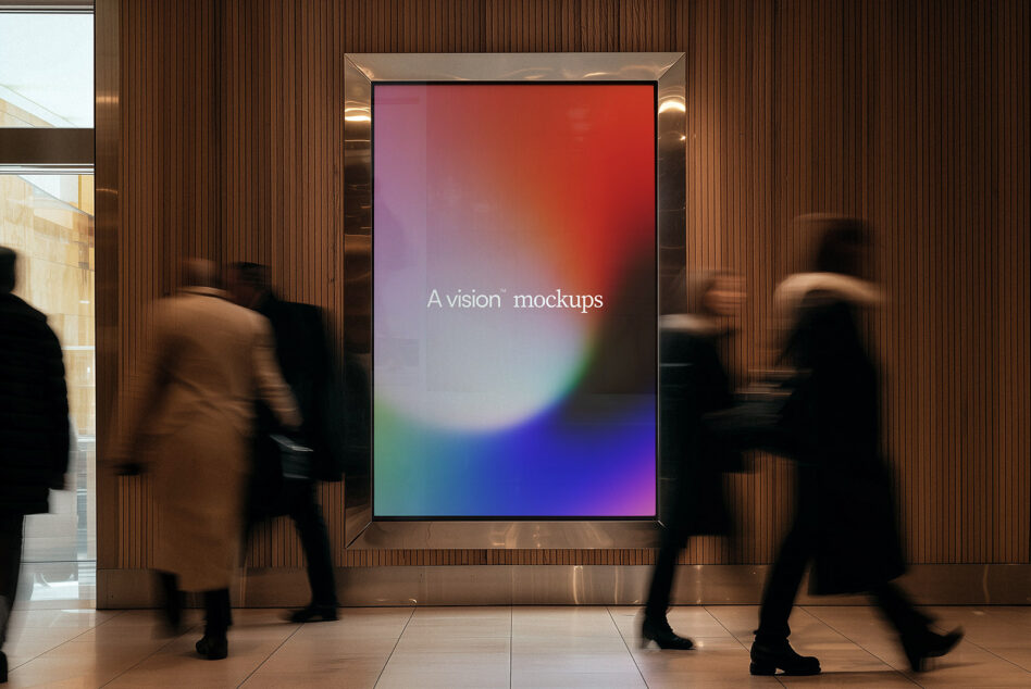 Large framed display in hallway with gradient background, people walking by