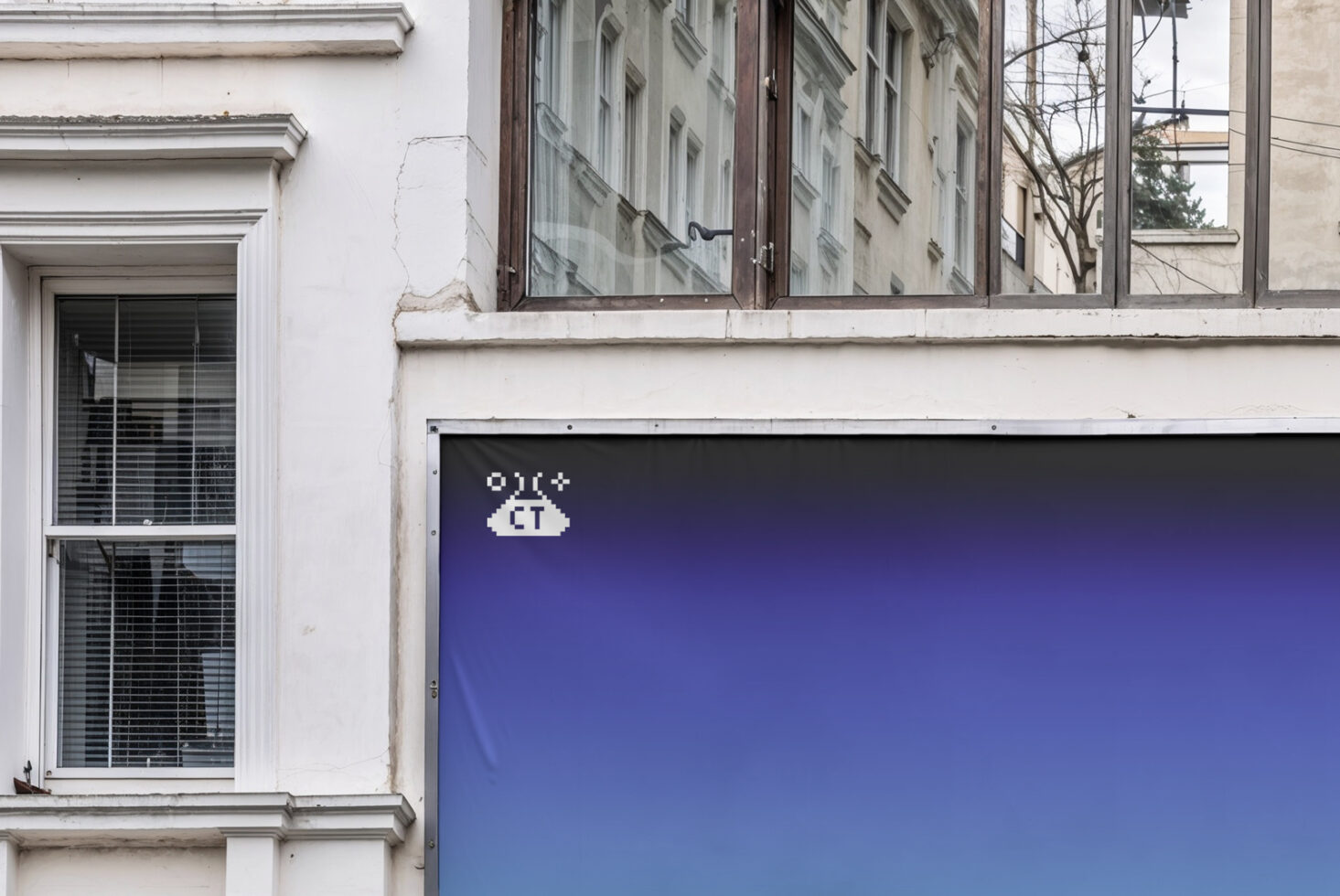 Street storefront billboard mockup with blue gradient background on building facade