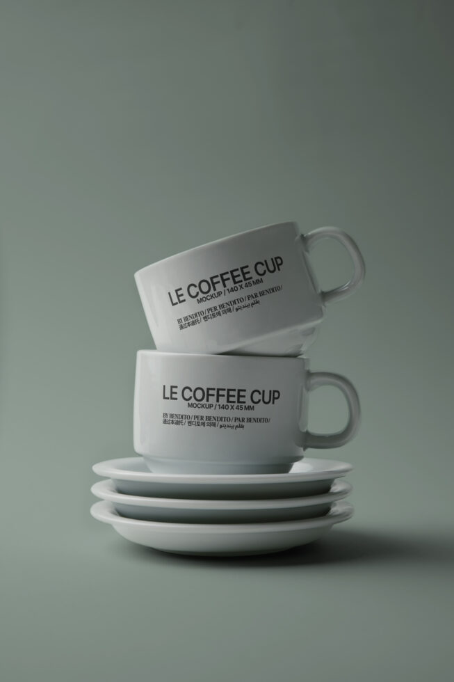 Stacked ceramic coffee cup mockups with matching saucers on neutral background