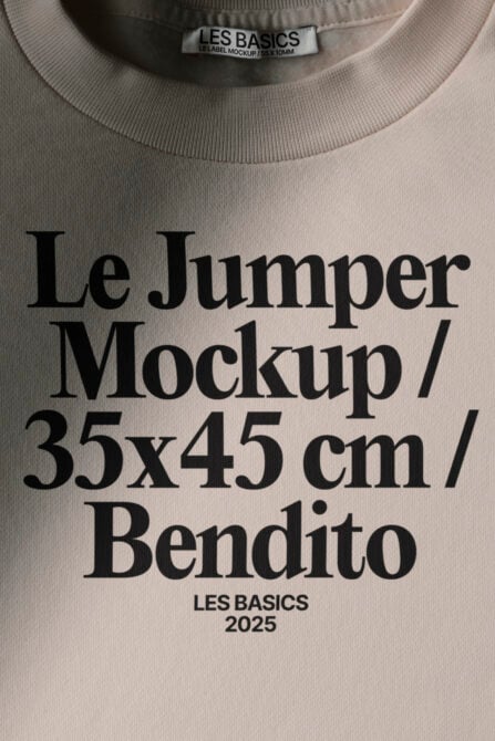 Jumper mockup on beige crewneck with woven label at neckline