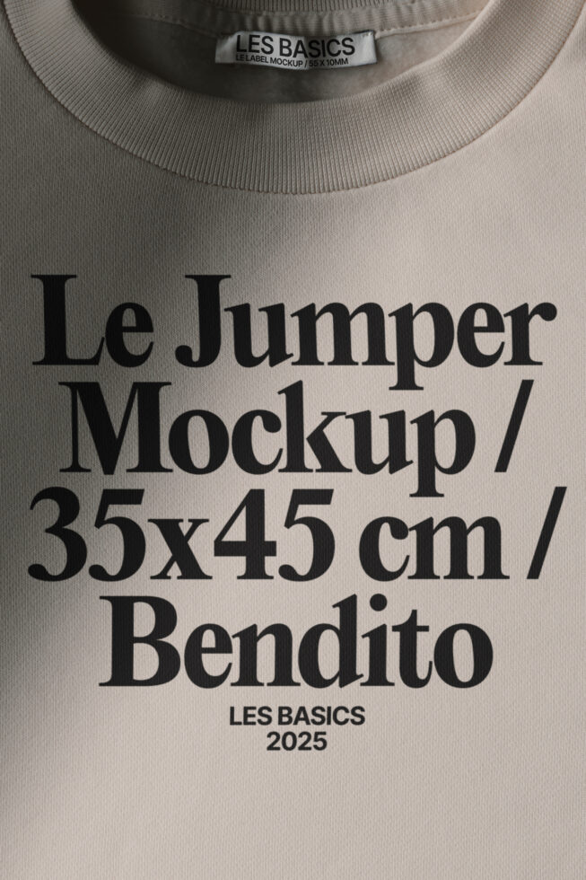 Jumper mockup on beige crewneck with woven label at neckline