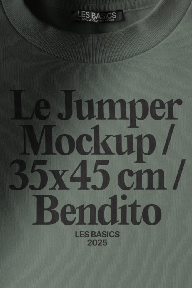 Jumper mockup on sage crewneck with woven label at neckline