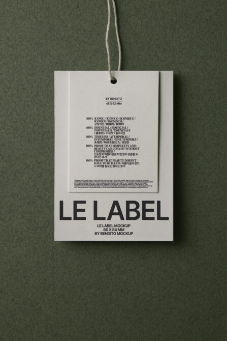 Hang tag mockup on twine, light background with subtle accent panels