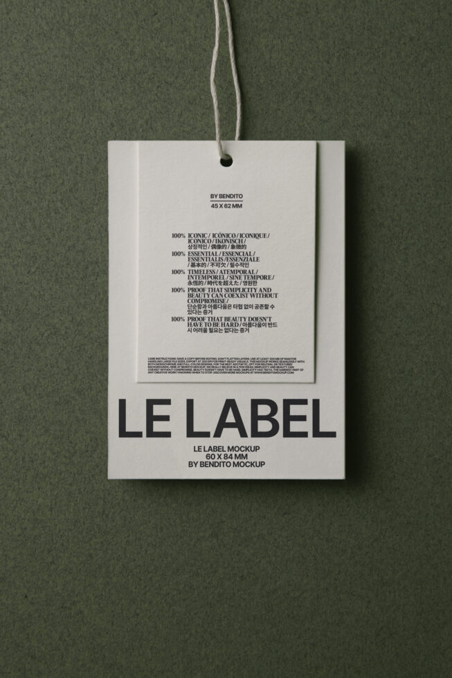 Hang tag mockup on twine, light background with subtle accent panels