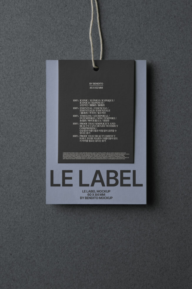 Hang tag mockup on twine, dark background with blue accent panels
