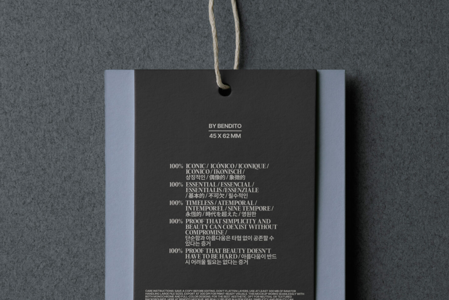 Hang tag mockup on twine, dark background with blue side panels