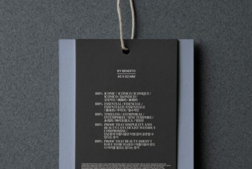 Hang tag mockup on twine, dark background with blue side panels