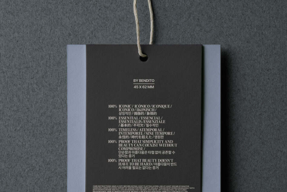Hang tag mockup on twine, dark background with blue side panels