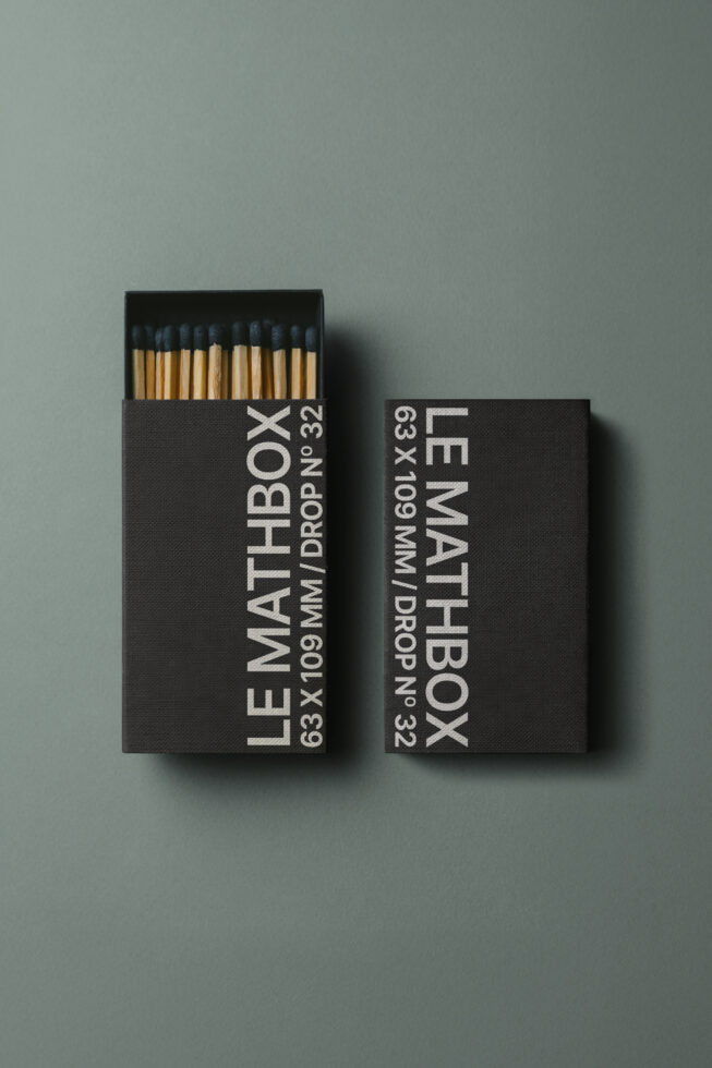 Black matchbox with white text showing specs, dark blue match tips visible inside
