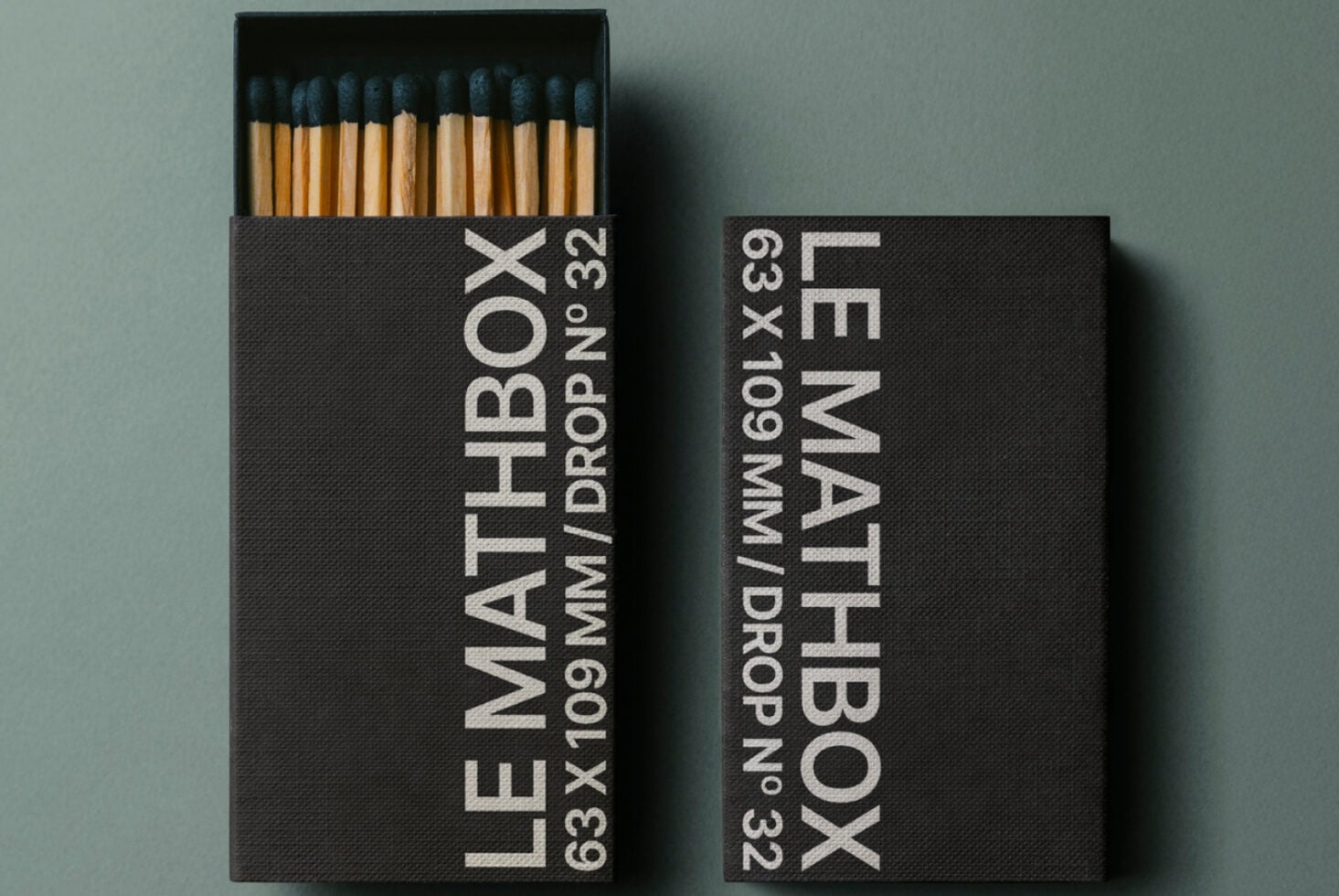 Black matchbox with white text showing specs, dark blue match tips visible inside