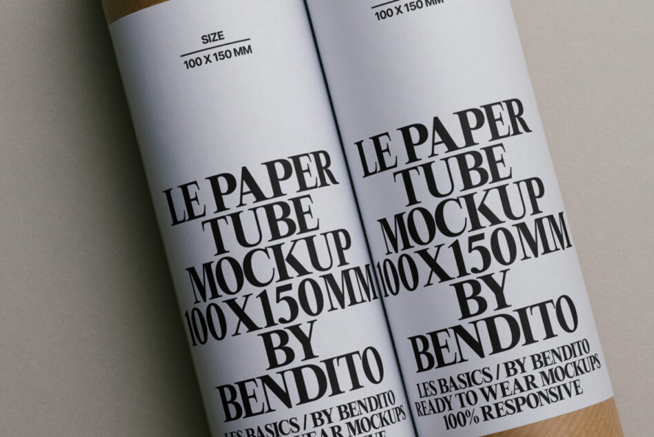 Kraft tubes with white label wraps displaying mockup text layout