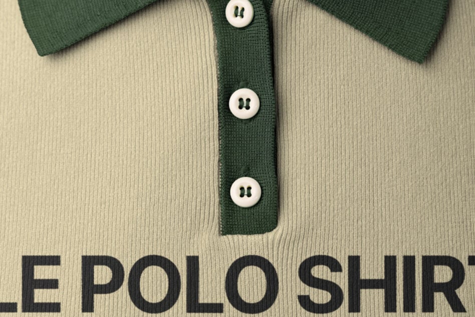 Cream polo shirt with green trim, white buttons down center placket
