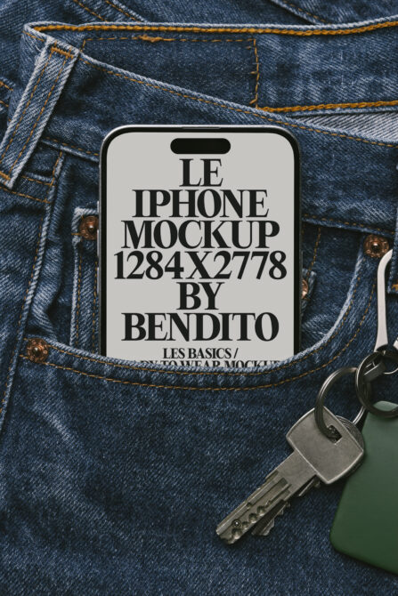 Light phone mockup on denim pocket with silver keys beside it for product display