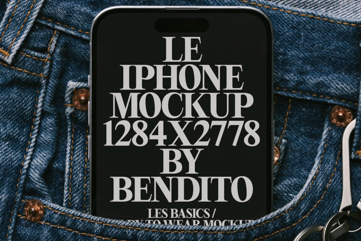 Dark phone mockup on textured denim fabric with brass buttons visible on sides