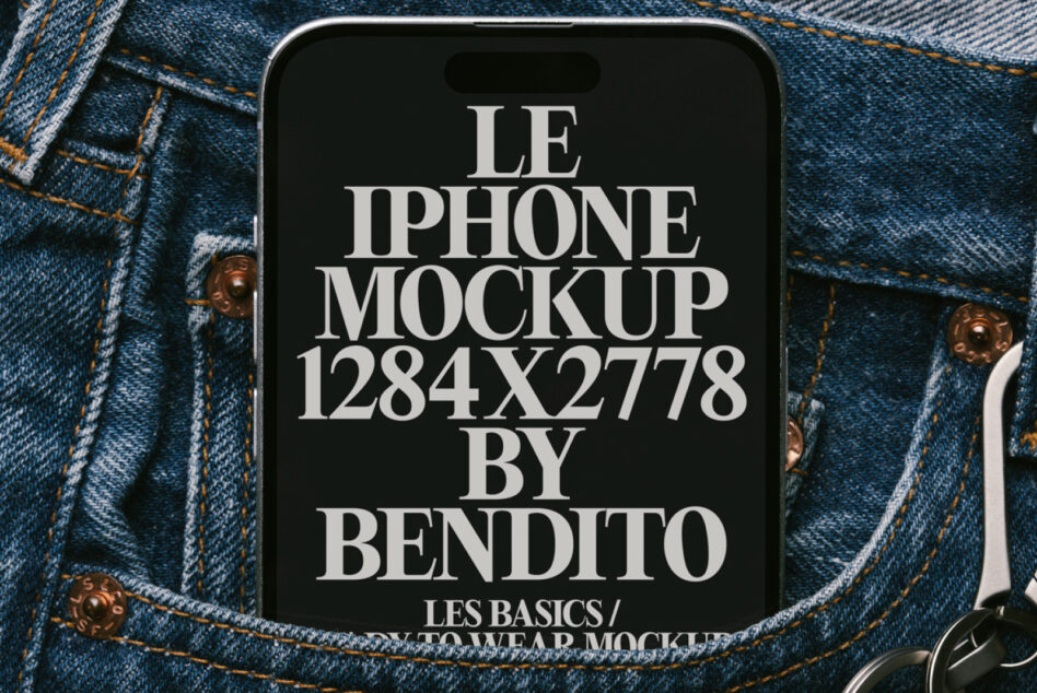 Dark phone mockup on textured denim fabric with brass buttons visible on sides