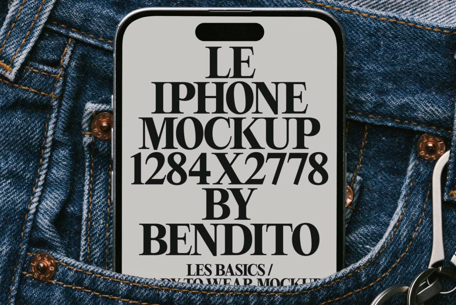 Light phone mockup on textured denim fabric with brass buttons visible on sides
