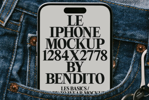 Light phone mockup on textured denim fabric with brass buttons visible on sides