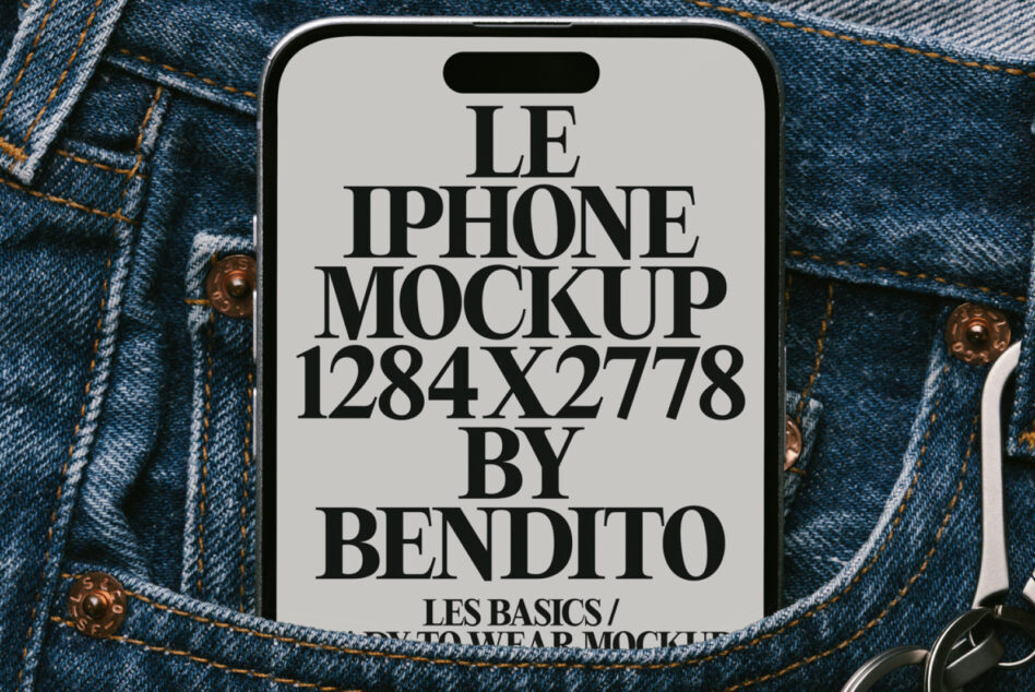 Light phone mockup on textured denim fabric with brass buttons visible on sides