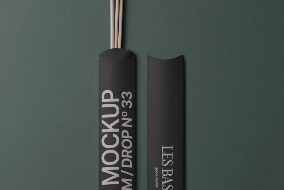 Black cylindrical box with wooden sticks, branded Mockup, angled perspective