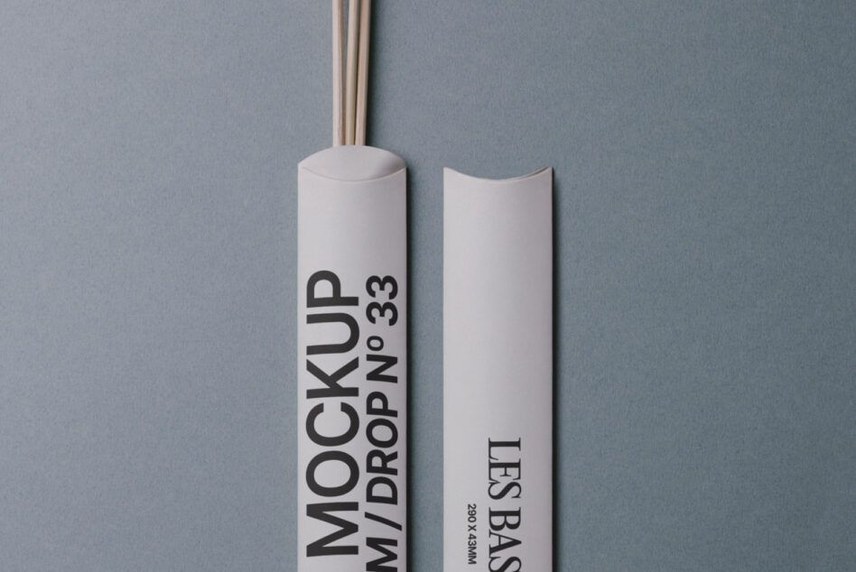 White cylindrical box with wooden sticks, branded Mockup, angled perspective