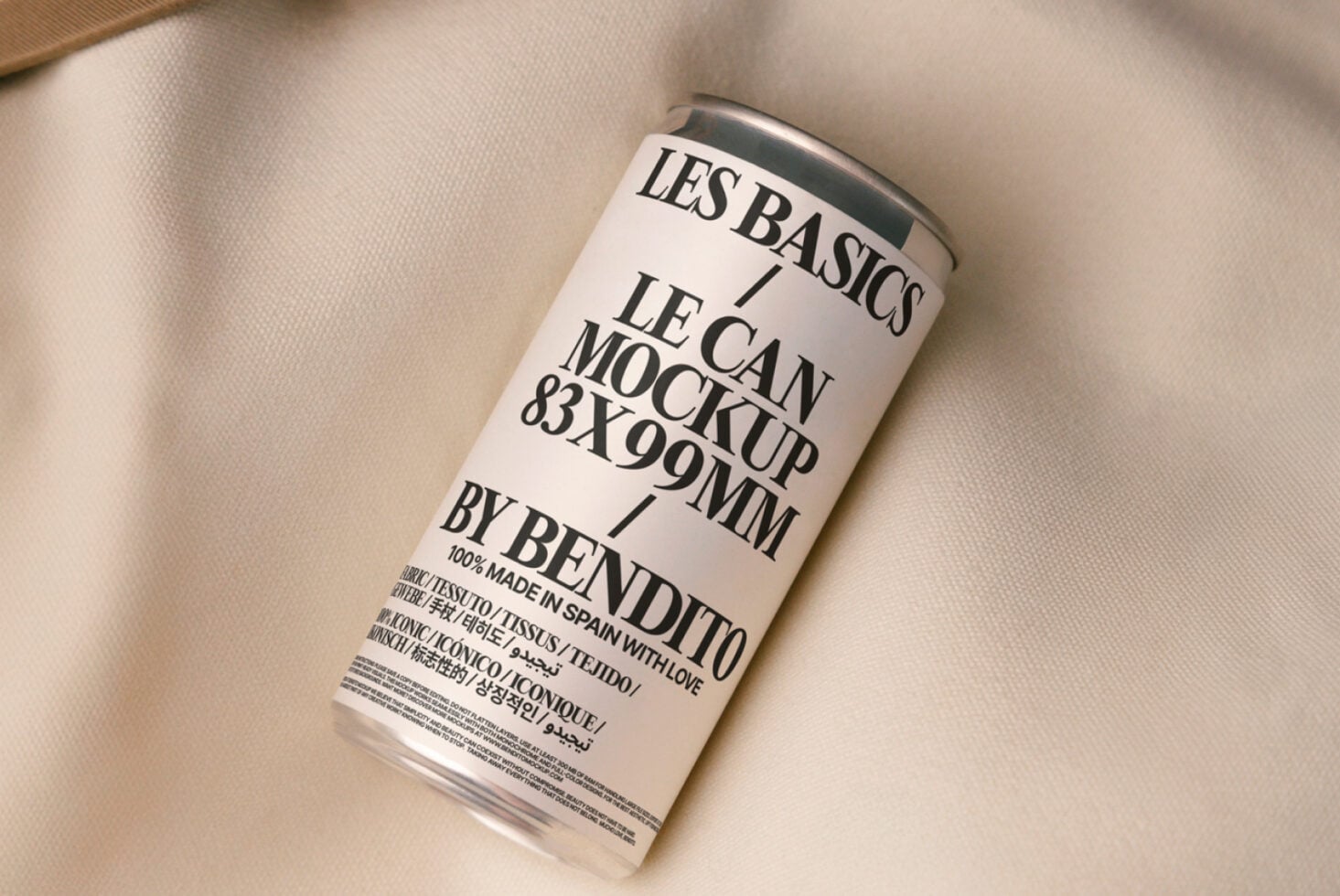 White can mockup with black label on cream textile background