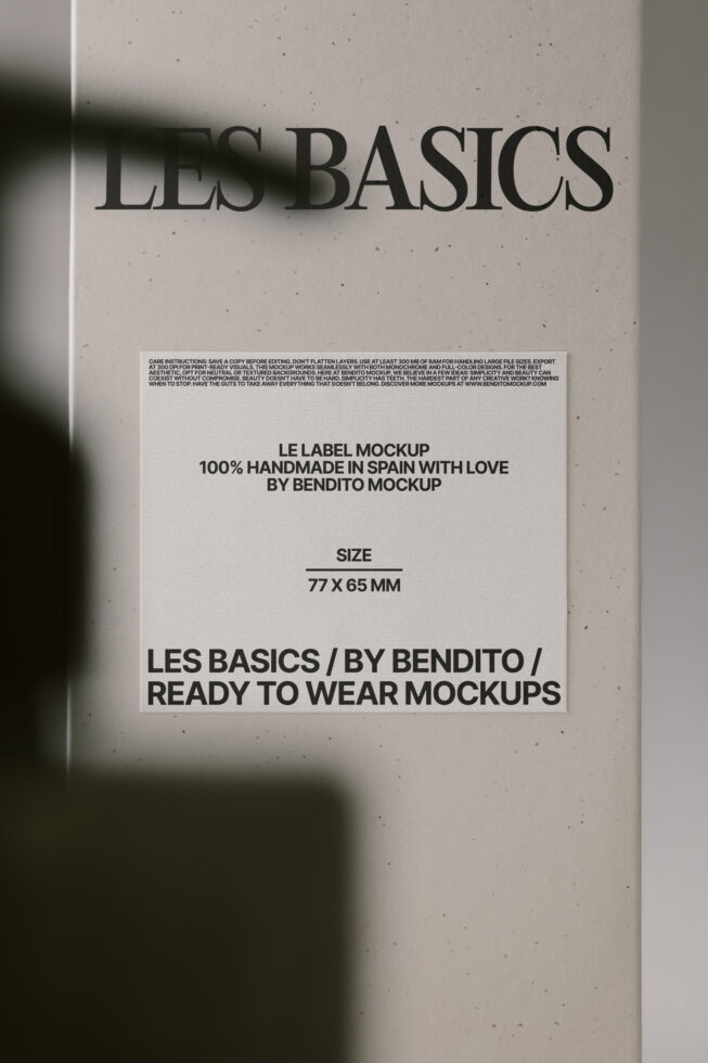 Les Basics label mockup on cream background showing Bendito branding, 77 x 65 mm size