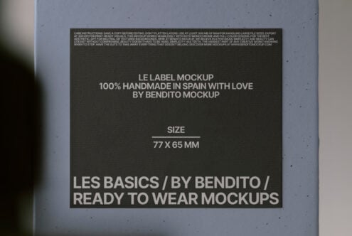 Dark label mockup with Les Basics branding, Bendito mockup text, ready to wear mockups
