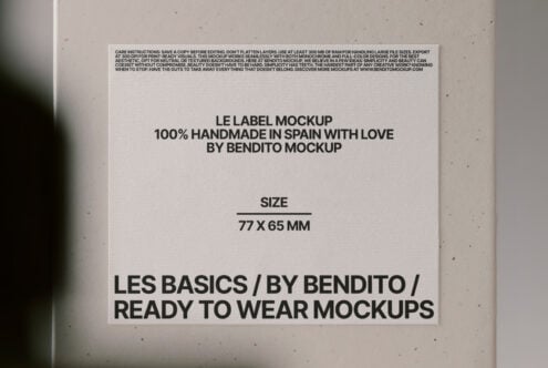 Light label mockup with Les Basics branding, Bendito mockup text, ready to wear mockups