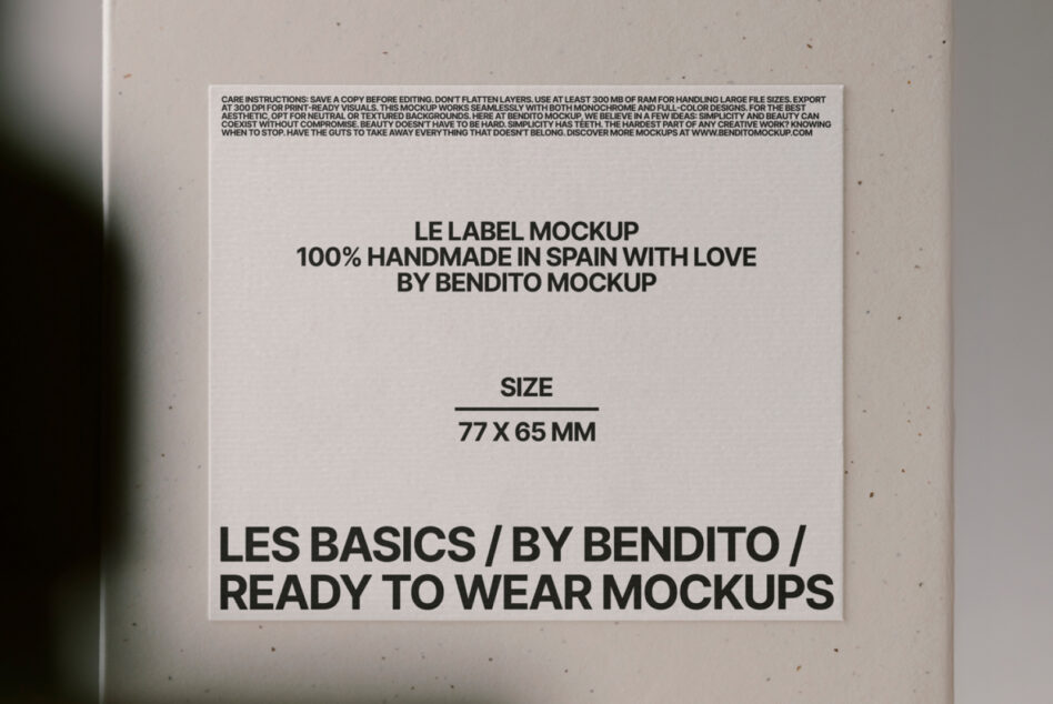 Light label mockup with Les Basics branding, Bendito mockup text, ready to wear mockups