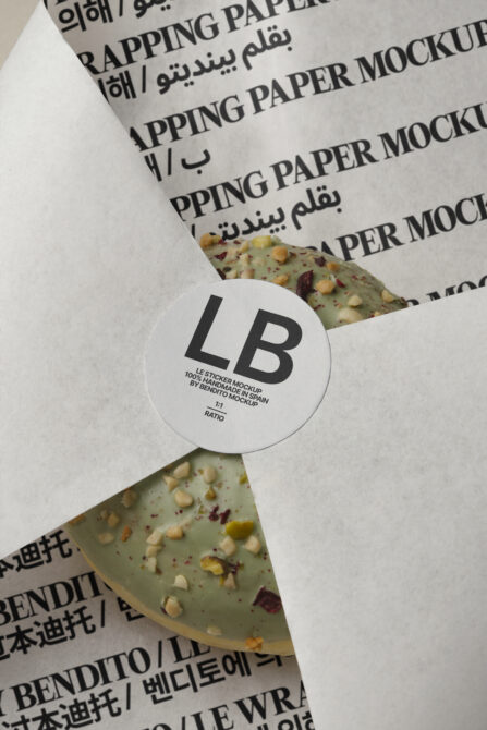 White circular sticker mockup on seeded cracker packaging with wrapped paper background