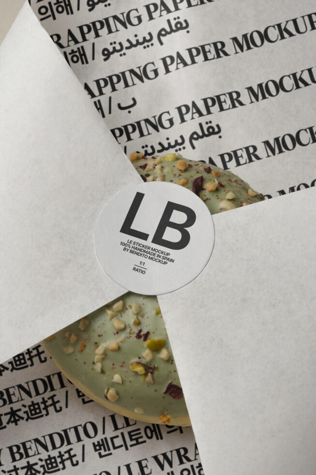 White circular sticker mockup on seeded cracker packaging with wrapped paper background