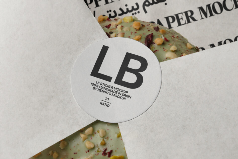White circular sticker mockup positioned on textured cracker surface with cream paper backdrop