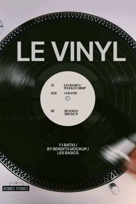 Black vinyl record with white center label showing Les Basics Weekly Drop information