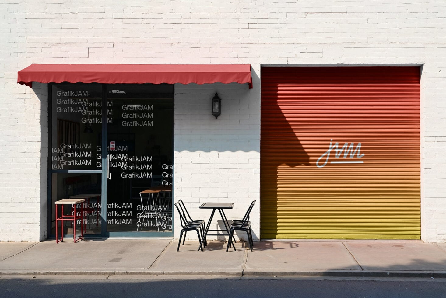 Colorful storefront red awning, gradient shutter, metal furniture setup