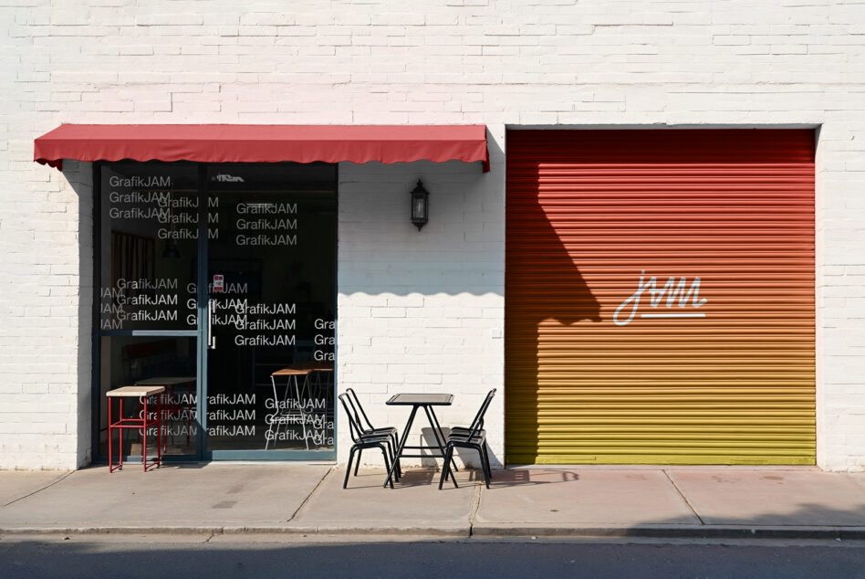 Colorful storefront red awning, gradient shutter, metal furniture setup