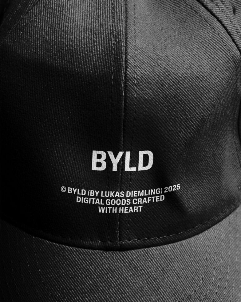 Black cap back panel detail showing white BYLD text