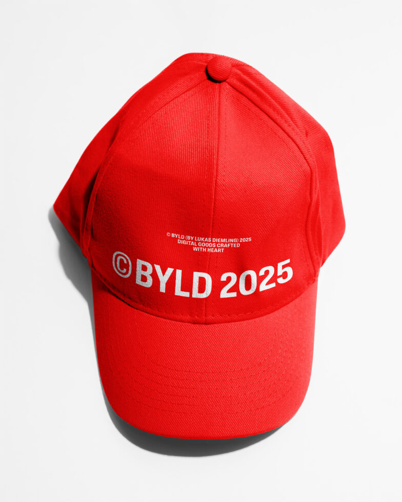 Red baseball cap with white branding text printed on front panel