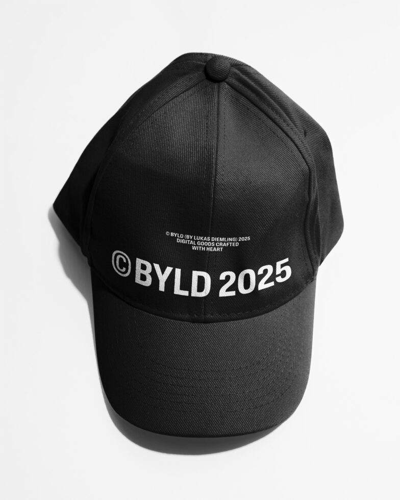 Black cap with copyright text, BYLD 2025 branding on brim