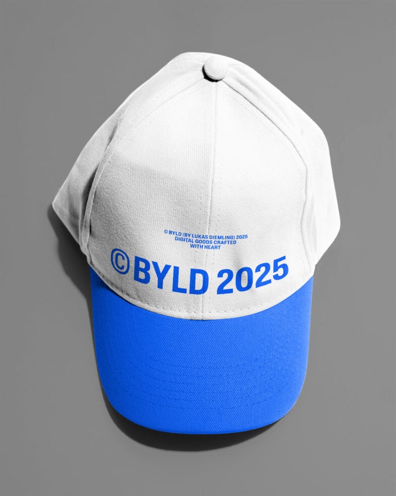 Two-tone white blue baseball cap with branding text across crown