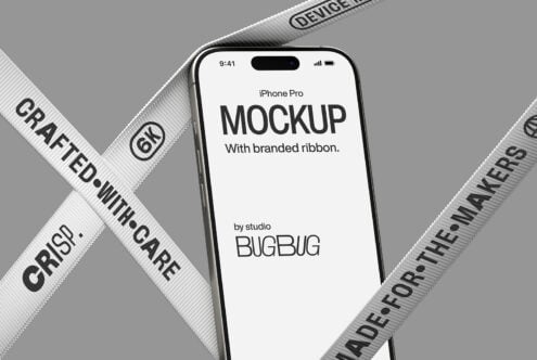 iPhone Pro mockup surrounded by white ribbons with repeating text print