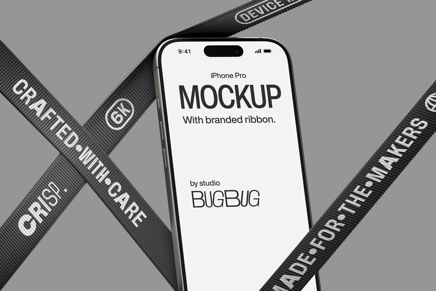 iPhone Pro mockup with diagonal black ribbons displaying branded messaging